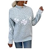 TIREOW Winter Herbst Langarm Hässliche Weihnachten Pullover Tops für Frauen Damen Weihnachten Elch Schneeflocke Print Half High Neck Pullover Strickpullover (Sky Blue-04, L)