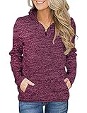 Damen Langarmshirt Sweatshirt Reißverschluss Pullover Casual Oversize Lose Shirt Oberteil mit Taschen Tops Weinrot L