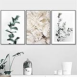 HUANGXLL Weiße Pfingstrose Blume Poster Eukalyptus Zweig Leinwanddruck Grünes Blatt Pflanze Wandkunst Malerei Nordic Bilder Wohnzimmer Dekor-40x60cmx3Pcs-Kein R