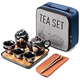 Mini-Tee-Set aus Keramik, Kungfu, Reise-Teekanne mit Tablett, 4 Teetassen, Lotus-Design, chinesische Porzellan-Teekanne, alles in einem Geschenk, tragbare Tasche für Zuhause, Hotel, Picknick
