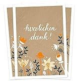 10 Dankeskarten - Herzlichen Dank - Beige Orange mit Blumen, Danksagungskarten Set aus hochwertigem Recyclingpapier, stilvoll Danke sagen nach Hochzeit, Geburt, Taufe, Konfirmation & Jub
