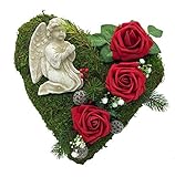 Radami Grabgesteck Grabschmuck Grabaufleger Moosherz Grabherz Kreuz Trauerherz Grab Herz Gesteck Rosen (30cm- 3 rote Rosen-Engel)