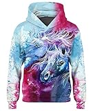 Loveternal Pullover Mädchen 3D Druck Kapuzenpul Farbiges Pferd Hoodie Langarm Sweatshirt für Teen Jungen Mädchen Weiß 6-8 Jahre Pullover L