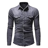 Gewaschener Denim Herren Frühling Herbst Vintage Regular Fit Atmungsaktiv Herren Freizeithemden Revers Strickjacke Langarm Alltag Camping All-Match Männer Shirt CW-02 L