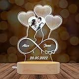 Personalisierte Foto 3D Lampe, Personalisierte Herz-Leuchte Namensgravur, LED Nachtlicht Lampe, Personalisierte Geschenke für Paare Geburtstag Hochzeit Dekoration Jahrestag