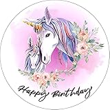 Essbarer Tortenaufleger Einhorn Happy Birthday // Kuchendekoration Geburtstag, Einhörner // 20cm (Oblatenpapier)