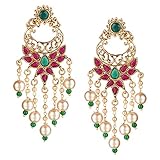 Efulgenz Schmuckset indisches Bollywood, 14 Karat vergoldet, traditioneller Hochzeitsschmuck, Kristall, Perle, Quaste, Chandbali Ohrring