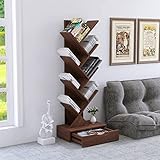 Noyy Bücherregal Holz, Standregal mit Schublade, mit 8 Ebenen, DVD-Regal, in Baumform, für Wohnzimmer, Arbeitszimmer, Kinderzimmer, Büro, Walnussb