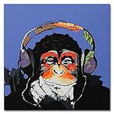 Fokenzary 100 % handgemaltes Gemälde auf Leinwand, Pop-Art, süßer Affe, Gorilla hört Musik mit Kopfhörer, gerahmt, fertig zum Aufhäng