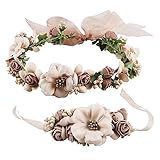 YSXYFrauen Mädchen Blumenkranz Blumenstirnband Blumenkrone Haarkranz Garland Halo mit Floral-Handgelenk-Band für Braut Fotografie Hochzeit Festival , Braun Kaffee, M