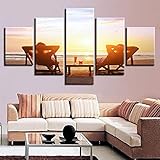 Dekoration Wohnzimmer Wandkunst Moderne Bilddruck 5 Stück Strandkörbe und Getränke Sonnenuntergang Meerblick Modulare Leinwand Malerei Vlies Leinwand Malerei Ohne Rahmen M