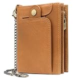 REETEE Geldbörse Herren RFID Schutz Klein Portmonee Echtem Leder Geldbeutel Männer mit Kette Portemonnaie Herren mit Reißverschluss Münzfach und 14 Kartenfächer Herrenbrieftasche (Braun)