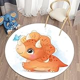 Teppich Rund 160 cm Orange Cartoon-Dinosaurier-Kinder Wohnzimmer Schlafzimmer Teppich Anti Rutsch Kurzer Plüsch Teppiche Weiche Moderne Plüsch Boden Matten Geeignet für Wohnk