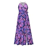 Oksea Camisole Kleid Damen Kleider Damen V Ausschnitt Schlitz Lang Kleid Bedruckte Kleider Partykleid Damen Sexy Kleid Mit Kurzer Taille Ballkleid Cocktailkleid Dress Damen Elegant Slim F