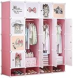 QUERT Kleiderschrank Kindergarderobe Tragbarer Kleiderschrank Kleiderschrank Schlafzimmer Schrank Aufbewahrungsorganisator für Platzsparend，Rosa und Weiß，L57.9×T18.5×H 65 Zoll Schranksy