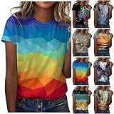 Azruma Damen Bedruckt Lockere Rundhals kurzarm t shirt Oversized Oberteile Casual Sommer Basic Tee Regular fit Vintage Sweatshirt Teenager Laufshirt Freizeit Mädchen Sport Oberteile Streetw