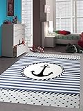 Kinderteppich Maritim Kinderzimmerteppich Jungen Teppich mit Anker in Blau Creme Größe 140x200