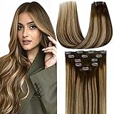 LaaVoo Balayage Extensions Echthaar Clip in Dunkelbraun Balayage Ombre Erdbeerblond Haarverlangerung Echthaar Clips Voller Kopf Remy Echthaar Extensions Clips 16 Zoll/40cm 70Gramm/5Stück