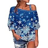 Orgrul Damen Kalte Schulter 3/4 Ärmel Tops Herbst Winter Lässige T-Shirts Leichte Bequeme Weihnachtskostüme (XXL, Blau)