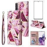 Asuwish Kompatibel mit Samsung Galaxy S21 Glaxay S 21 5G 6,2 Zoll Wallet Case und gehärtetem Glas Displayschutzfolie Flip Card Holder Ständer Ständer Handy Hüllen für Gaxaly 21S G5 Damen Herren L