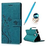 P9 Lite Hülle,Huawei P9 Lite 5,2 Zoll Handyhülle YOKIRIN Blau PU Leder Tasche Schutzhülle Handytasche Blumen Schmetterling Brieftasche Backcover Book Ledercase Stehen Karten Slots Handy