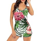 Zilosconcy Damen Jumpsuit Kurz Sommer Strandkleid Spielanzug Einteiler Overalls Hose Elegant Playsuit V-Ausschnitt Elastisch Hohe Taillen Drucken Casual mit Kordelzug