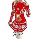 Pulloverkleid Weihnachten Damen Christmas rentier Gedruckt Langarm Tunika Festliches Longshirt Sexy Party Kleider Weihnachts Kostüm Sweatshirt FrüHling Herbst Winter Festliche Geschenk