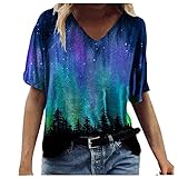 MRULIC Damen Oberteile Drucken Kurzarm T-Shirt Top Bluse Sommer Freizeit Tops Basic Shirts Frauen Pullover(Blau,M)