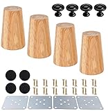 Mengger 4 Stück Holz Möbelfüße rund Tischbeine Möbelbeine konisch sofabeine sockelfüße küche Holzfarbe Eiche für Stühle Schrank und Sofa schraubenbolzen mit Schrauben Filzgleiter mit Möbelgriffe (6cm)