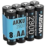 ABSINA Akku AA wiederaufladbar 2900 8er Pack - NiMH AA Akku mit 1,2V & min. 2650mAh - Aufladbare Batterien AA für Geräte mit hohem Stromverbrauch - Akkus AA für Blitzgerät, Wii & Xbox C