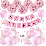 Geburtstagsdeko Mädchen Happy Birthday Girlande Ballons Deko Geburtstag Mädchen Banner Set mit Rosa Konfetti Luftballons Geburtstag Mädchen Rosa Pompoms für Deko Kindergeburtstag Mädchen T