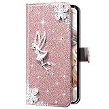 Uposao Kompatibel mit Samsung Galaxy S6 Edge Hülle Glänzend Glitzer Bling Strass Diamant Blume Mädchen Klapphülle Flip Case Leder Schutzhülle Handyhülle Tasche Kartenfächer Magnet,Rose G