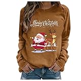 GOKOMO Damen Weihnachten Bedruckter Sweatshirt Weihnachtsdruck Oberteile Warm Rundhals Pullover Hässlicher Weihnachtspullover Langarm Top ​Weihnachten 2021 Neu(XXL,Braun)