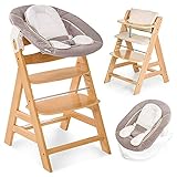 Hauck Alpha Newborn Set - Baby Holz Hochstuhl ab Geburt mit Liegefunktion inkl. Aufsatz für Neugeborene und Hochstuhlauflage, mitwachsend, höhenverstellbar - Natur Beig