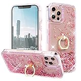 Feyten Kompatibel mit iPhone 12/iPhone 12 Pro Hülle (6,1 Zoll) mit Displayschutz [2 Stück],Glitzer Flüssig Treibsand Fließend Glitter Quicksand Schutzhülle Handyhülle mit Ring 360 Grad Ständer(Rosa)