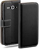 moex Klapphülle für Huawei Ascend Y530 Hülle klappbar, Handyhülle mit Kartenfach, 360 Grad Schutzhülle zum klappen, Flip Case Book Cover, Vegan Leder Handytasche, Schw