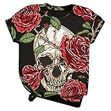 Sommer Damen T-Shirt Schädel Print Muster Kurzarm Rundhalsausschnitt Basic Kurzarm Lose Damen Rundhals Casual Top Jumper(Schwarz,XXL)