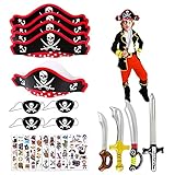 22 Stk Piraten Zubehör Set 4× Papier Piratenhut 4× Pirat Filz Augenklappe 4× Aufblasbare Piraten Schwert Ballons und 10 Blätter Temporäre Tatoo Party Mitgebsel Kostüm Deko für Halloween Jungen M