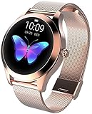 Smart Watch KW10,Runder Touchscreen IP68 wasserdichte Smartwatch für Frauen, Fitness Tracker mit Herzfrequenz- und Schlaf-Pedometer,Armband Für IOS/Android (Gold Steel Strip)