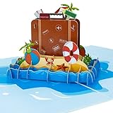 LIMAH® Pop-Up 3D Reisekarte/ Gutscheinkarte für Urlaub, Reise, Ausflug/ als Reisegutschein, Geschenk oder Geschenkkarte /Reisekoffer am Strand-Motiv/in B