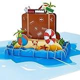 LIMAH® Pop-Up 3D Reisekarte/ Gutscheinkarte für Urlaub, Reise, Ausflug/ als Reisegutschein, Geschenk oder Geschenkkarte /Reisekoffer am Strand-Motiv/in B