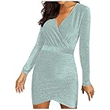 BOTCAM Ballkleid Damen Kurz Glitzer Partykleid - Damen Elegant Für Hochzeit Frauen V-Ausschnitt Langarm Slim Fit Minikleid Sexy Eng Stretch Cocktailkleid Abendkleid Mädchen Festk