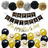 Ohighing Happy Birthday Schwarz Geburtstag Party Deko Set 1 Girlande 6 Pompoms 16 Luftballons Schwarz Gold Ballons Gold Konfetti Luftballon(ca.30cm) 1 Happy Birthday Banner in G