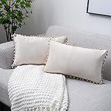 UPOPO 2er Set Samt Kissenbezug mit Pompoms Dekorative Einfarbig Kissen Kissenhülle Kissenbezüge Dekokissen Zierkissen Sofakissen für Sofa Schlafzimmer Wohnzimmer 30 X 50cm Beig
