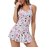 MiYang Damen Bademode Einteiler Schlankheits Rock Bauchweg Badeanzug, Badekleid mit rosa Blumen, Larg