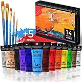 Farbkunst® Acrylfarben Set I 14 Acrylfarben je 75ml (1050ml Farben) I 5 Mal-Pinsel im Set I 19-teiliges Acryl Farben Set I Künstlerfarben in deutscher Mark