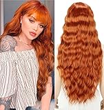 YEESHEDO Damen Perücke Lang Lockige Orange Rot Perücken für Frauen mit Pony, Natürlich Lange Locken Ingwer Rot Wig, Anime Cosplay Halloween Wigs 28 Zoll (Orange Rot)