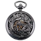 ManChDa Retro Taschenuhr Herren mit Kette analog Handaufzug Drache Phönix Skelett Rö