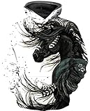 Ocean Plus Jungen Mehrfarbiger Druck Kapuzenpullover Kinder Hoodie mit Lange Ärmel Teen Sweatshirt mit Kapuzen (XL (Körpergröße: 135-145cm), Pferd mit schwarzer Tinte)