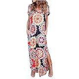 MKIOAKEv Damen Kleider Sommer Bademode Niedlich Gedruckt Vintage Rundhalsausschnit Kurzarm V-Ausschnitt Bestickt knielangen(2XL,Rosa)